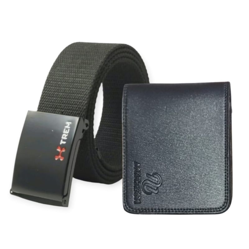 Sabuk Ikat Pinggang Pria Katun canvas korpri kepala besi model jepit paket dompet lipat 3 ruang tm 0
