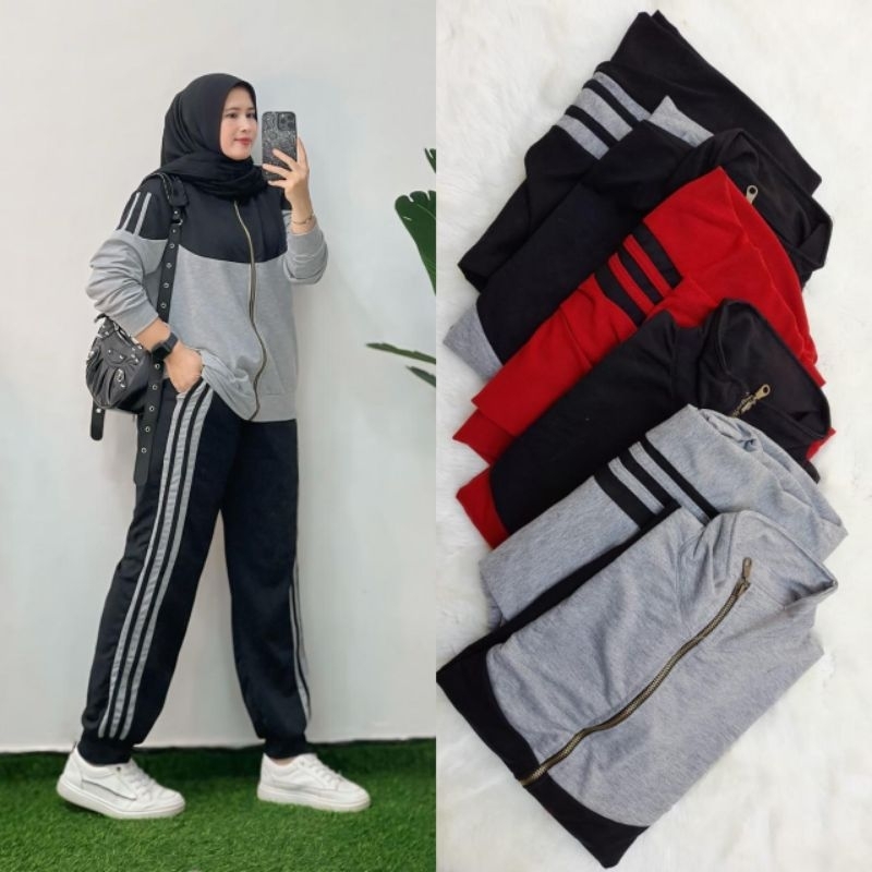Nadine sport set warna abu abu merah marun black hitam kombinasi polos setelan celana panjang olahra