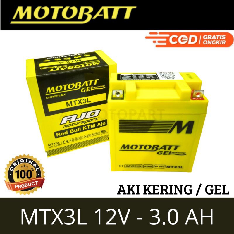 Aki MOTOBATT MTX3L 12V 3AH Aki Motor RX King Ninja R/SS Satria Hiu NSR Aki Gel Motobat Original
