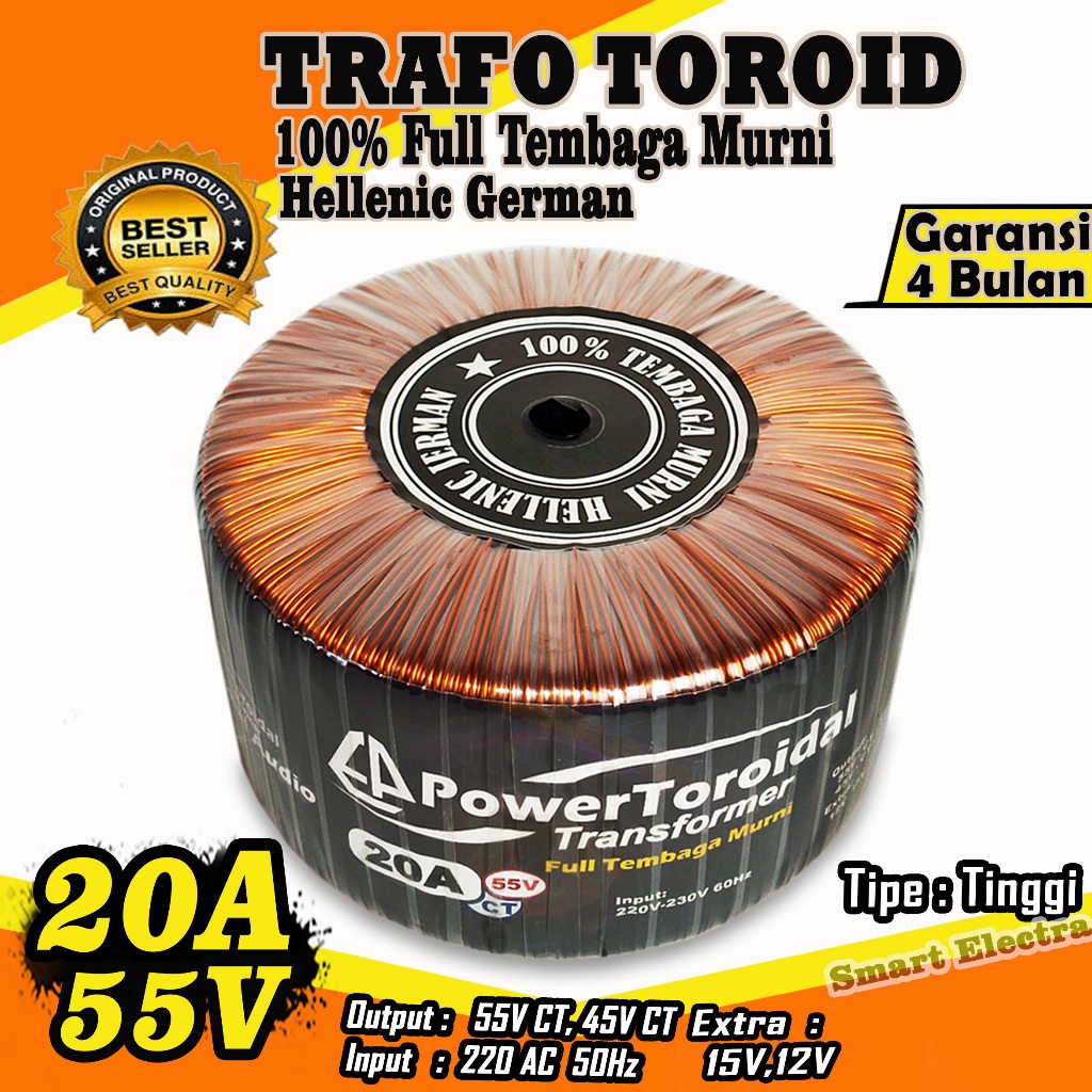 One_Flowers1 Trafo Toroid 20A 55V Ct - 45V Ct Murni Full Tembaga Murni Helenic Jerman (Tipe Tinggi)
