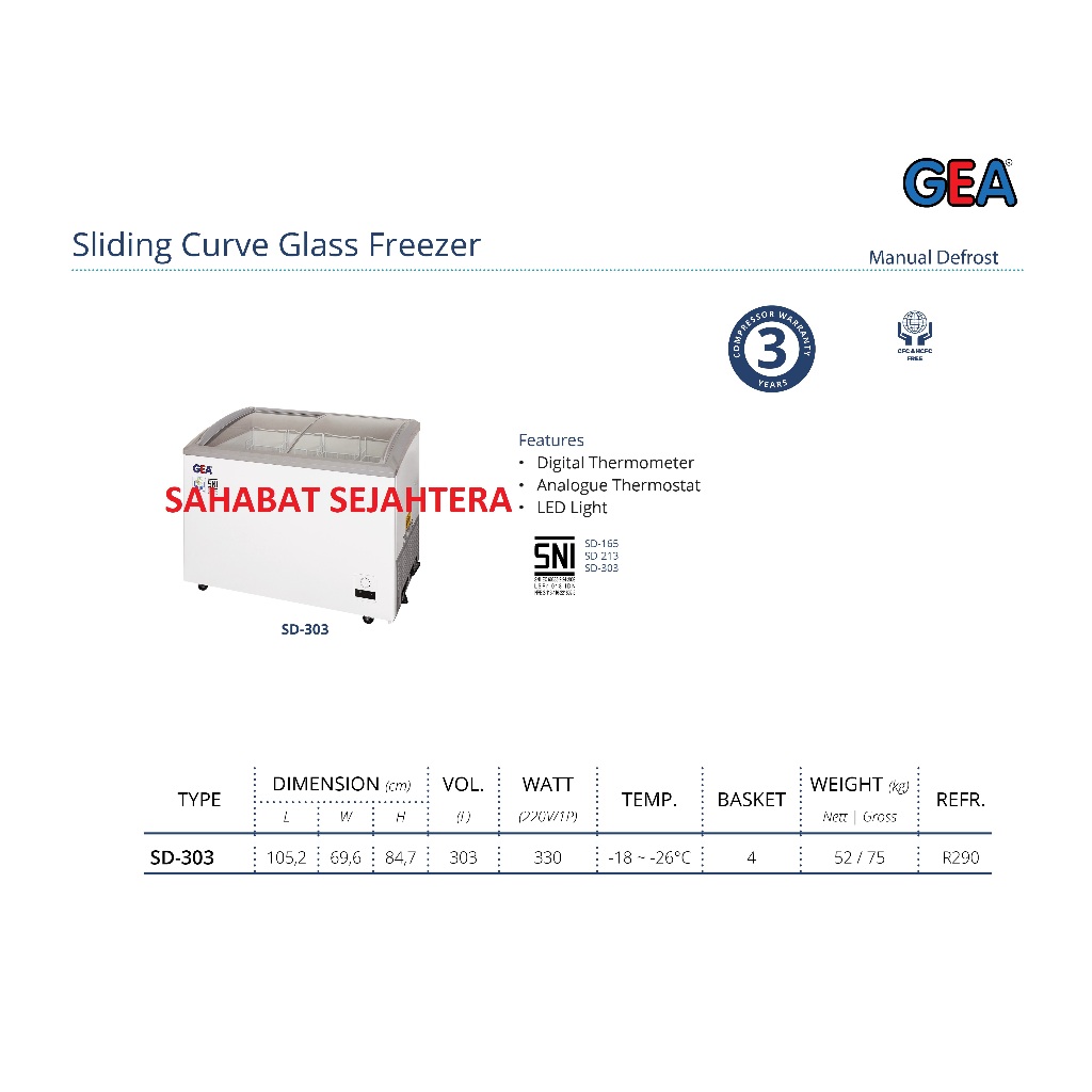 GEA Sliding Curve Glass Freezer SD-303 Freezer Sliding Kaca