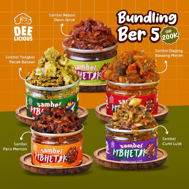

BUNDLING 5/Sambel Mbhetik Paru/Sambal Mbhetik Paru/Sambel Mbhetik Cumi/Sambal Mbhetik Cumi/Sambel Mbhetik Daging/Sambal Mbhetik Daging/Sambel Mbhetik Tongkol/Sambal Mbhetik Tongkol/Sambel Mbhetik Rebon/Sambal Mbhetik Rebon