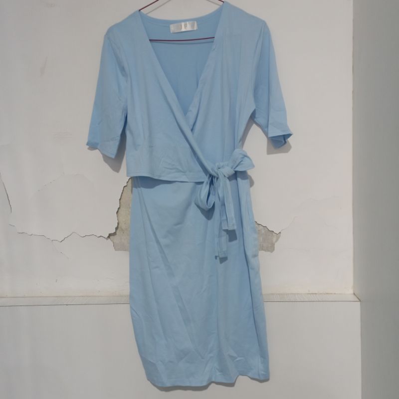 baru baju ibu hamil gaya ikat panggul moderen lengan stengah biru muda langit dress pakaian wanita d