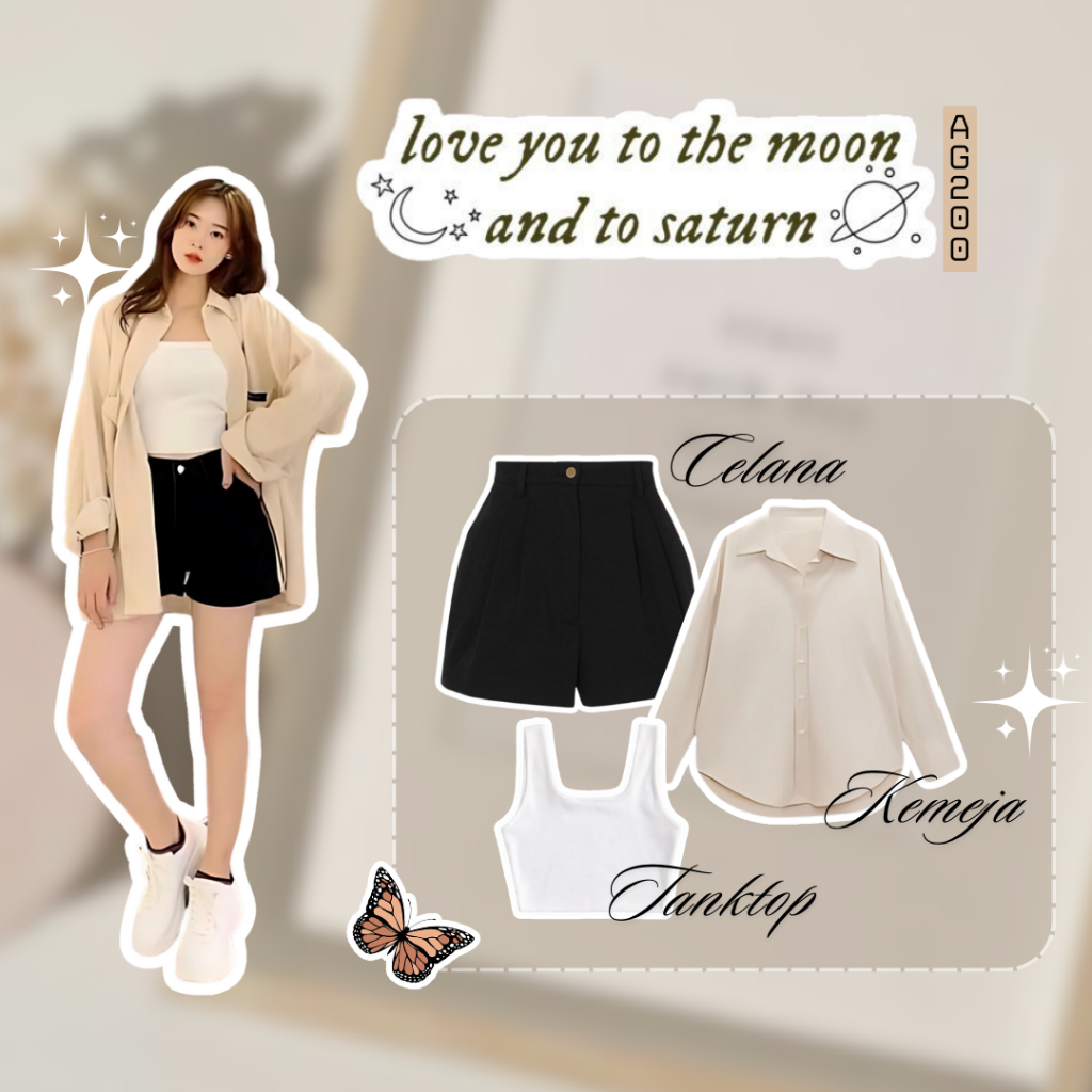 Korean Outfit Style 3in1 OOTD Korean Style Wanita Terbaru Kemeja + Tanktop + Celana Outfit Pantai Ke