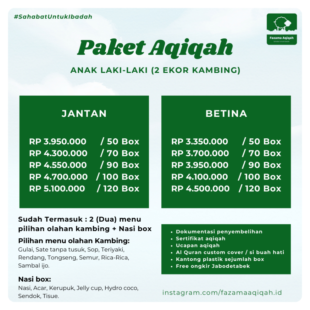 

Paket Aqiqah - Anak Laki-Laki (2 Ekor Kambing)