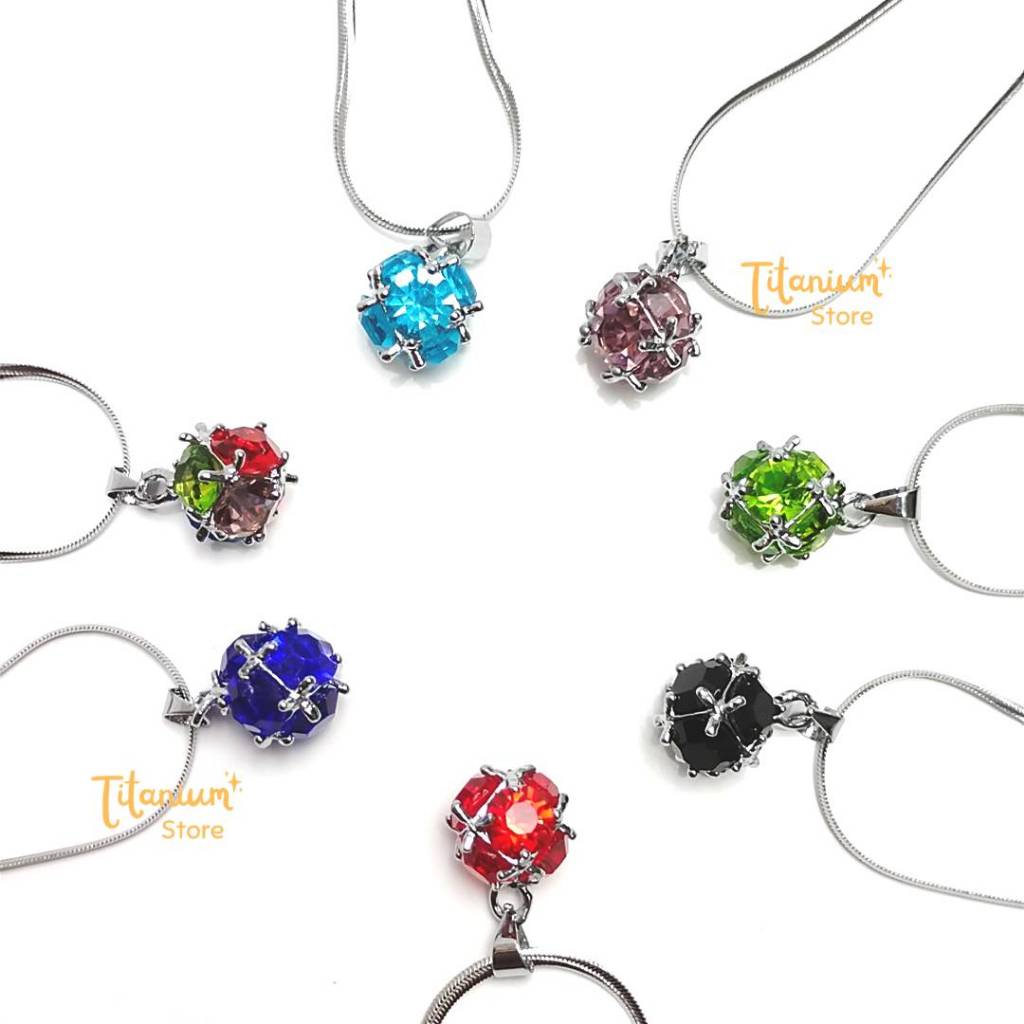 Kalung Wanita Rantai Titanium Silver Putih Perak Asli Anti Karat Liontin Bola Warna
