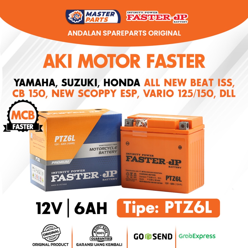 Aki Motor Faster JP PTZ6L 12V 6Ah untuk Yamaha, Suzuki, Honda All New Beat ISS, CB 150, New Scoppy E
