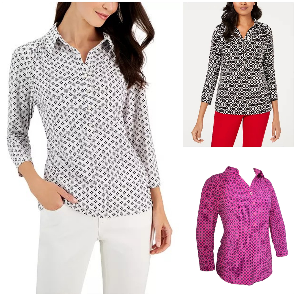 Blouse Charter Club Printed 3/4-Sleeve Polo Top