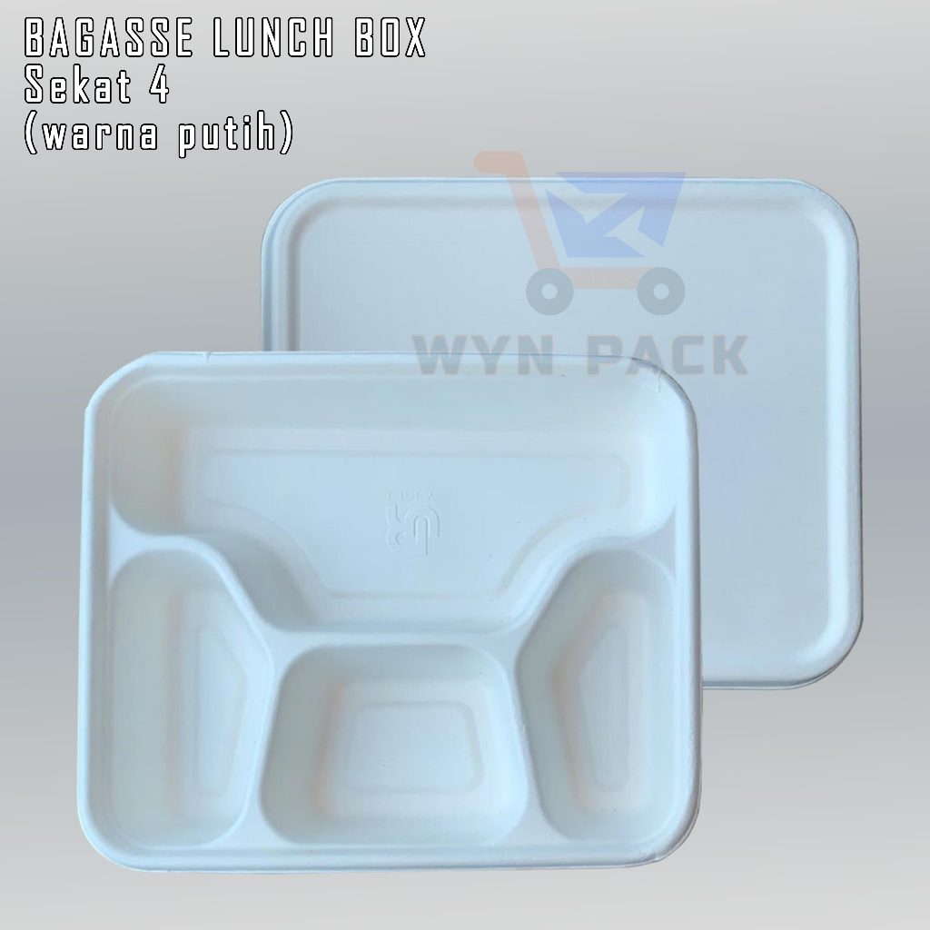 BAGASSE LUNCH BOX SEKAT 4 WHITE + LID (TUTUP) - Eco Friendly