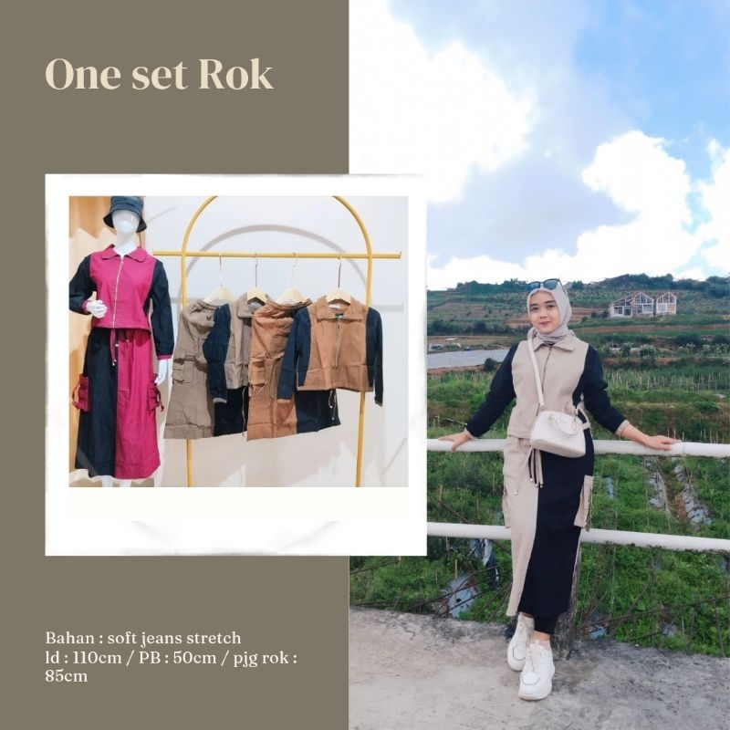SET WANITA / ONE SET ROK CARGO BAHAN SOFT JEANS STRETCH