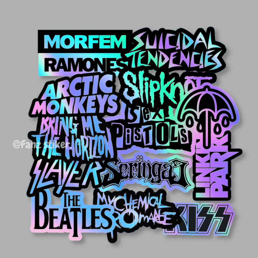 

STICKER BAND HOLOGRAM MUSIC ROCK METAL ISI 15pcs BLACK N WHITE, AESTHETIC, HELM, LAPTOP, TUMBLER, VOL 6 HLG
