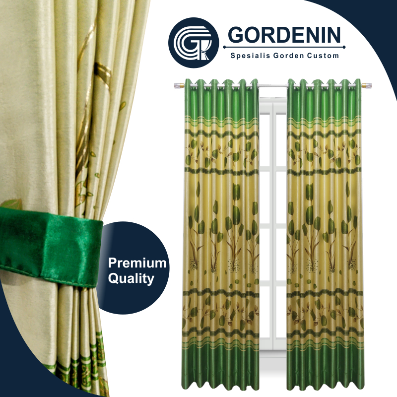 Gorden Blackout Motif Bunga Tulip 5 Gelombang Warna Hijau T.230cm