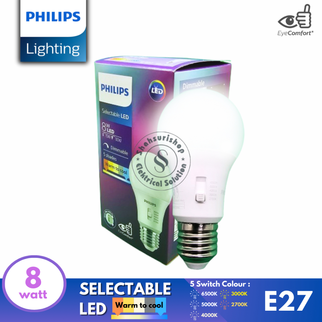 PHILIPS LAMPU DIPSWITCH SELECTABLE LED BULB E27 LAMPU 5 CAHAYA DIMMABLE 8 WATT