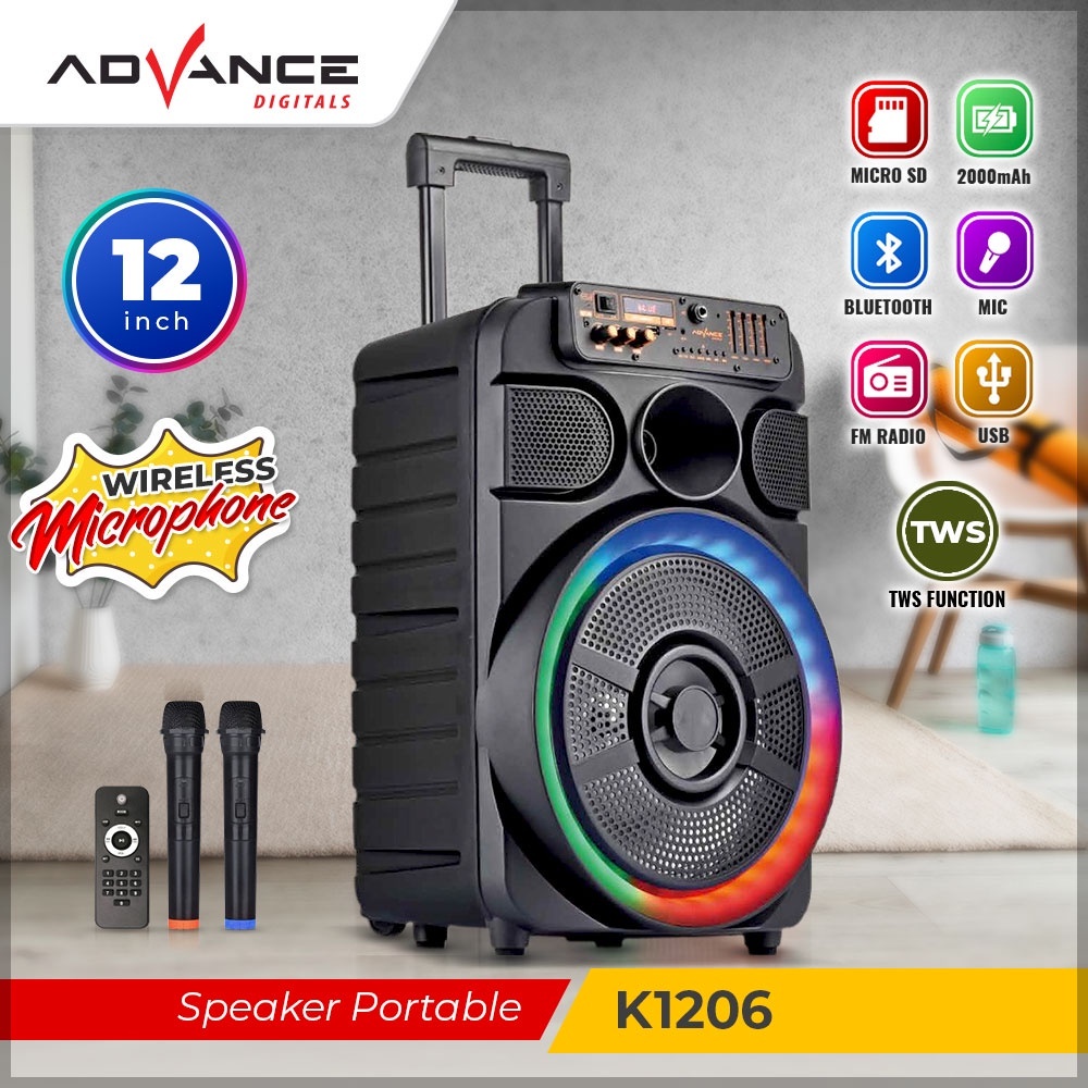Advance Speaker Portable K1206 Free 2 Mic Wireless Speaker Aktif Advance K-1206 Aqualizer 12 Inch