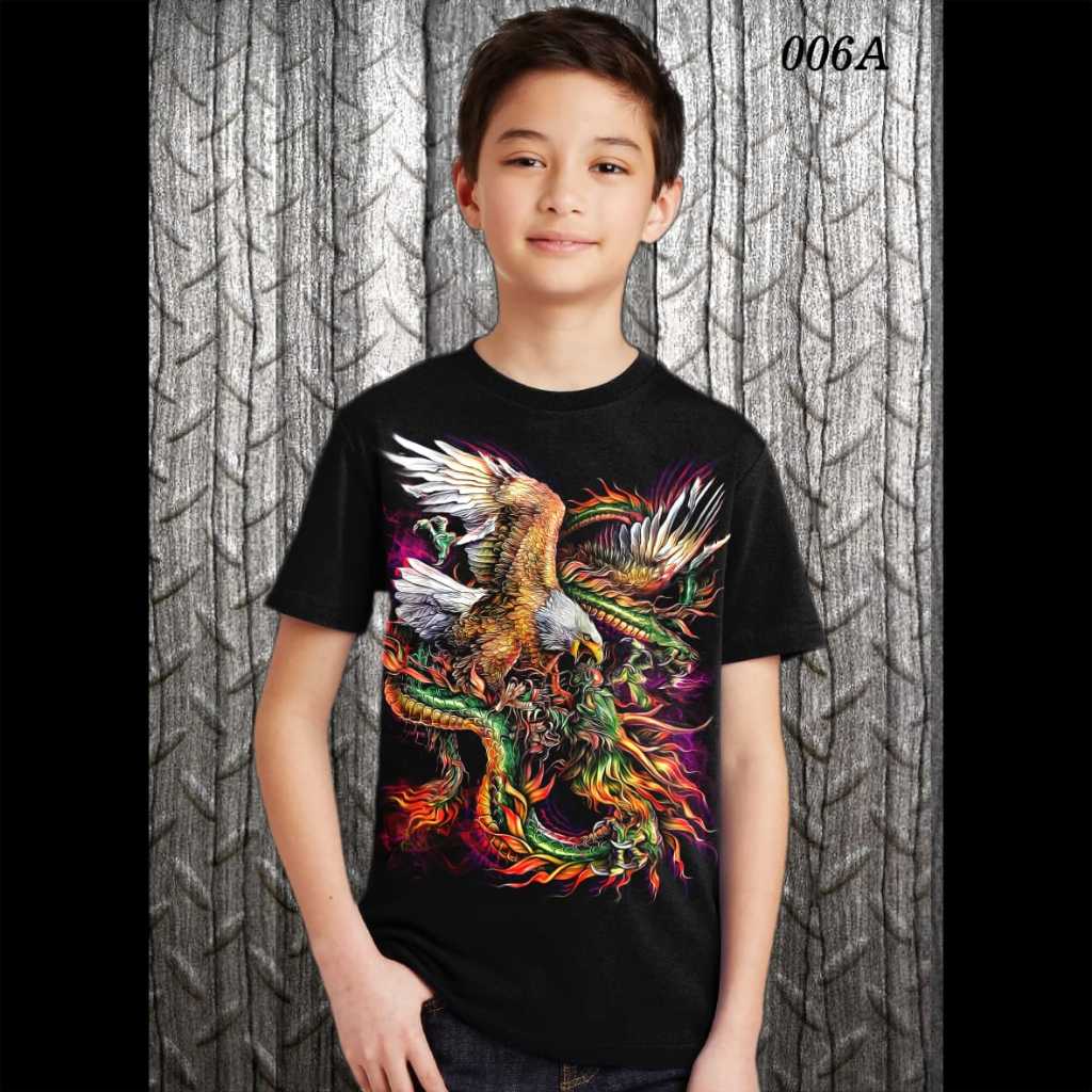 Kaos Anak Tanggung Hitam Santai Motif Naga Elang