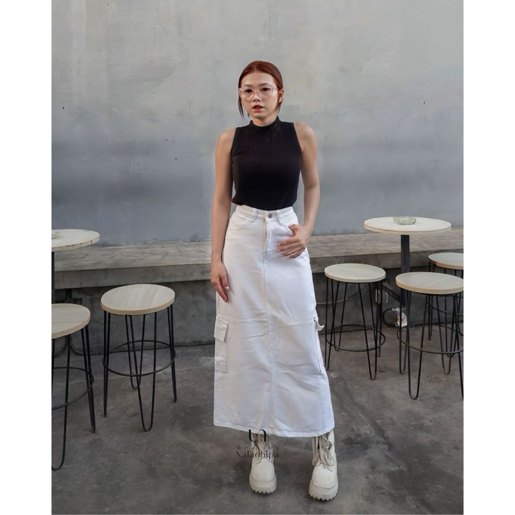 Naladhipa - Tara Skirt Cargo Jeans | Rok Jeans Cargo Wanita | Korean Look | Highwaist Cargo Putih Je