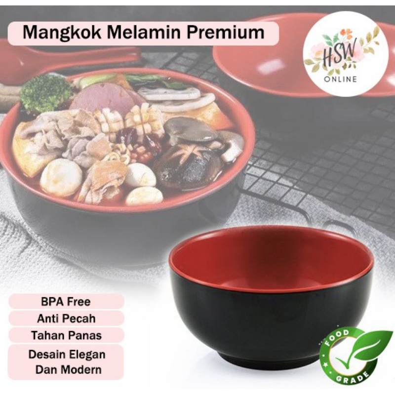 Mangkok Plastik Melamin BPA Free Hitam Merah Mangkuk Ramen Anti Pecah
