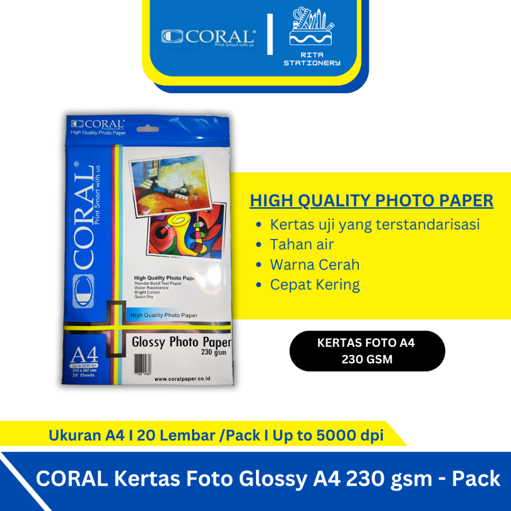 

Coral Glossy Photo Paper A4 230 gsm / Kertas Foto Tebal Berkualitas - 1 Pack 20 lembar