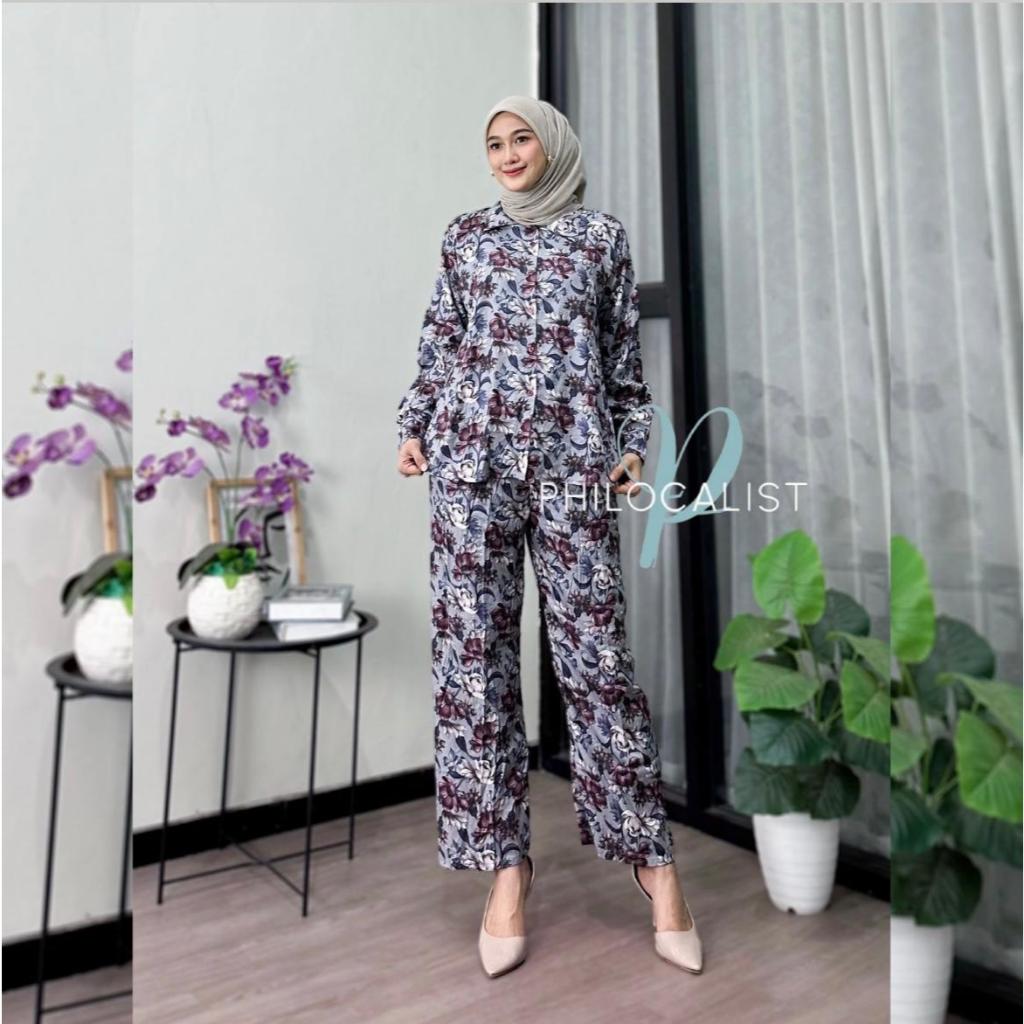 One Set Piyama Setelan Rayon Viscose Motif Freya Terbaru Wanita Dewasa Lengan Panjang Full kancing B