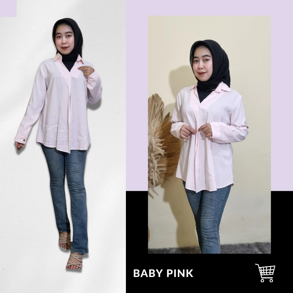 Kemeja Santai Polos Kekinian | Blus Wanita Import | Blouse V-Neck Atasan Wanita Kekinian Premium - M