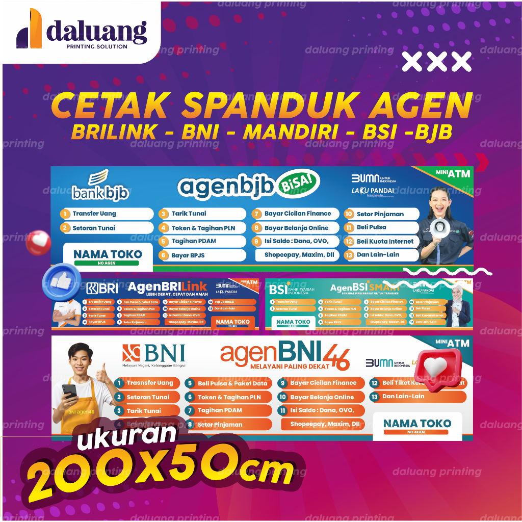 200x50cm | Spanduk Banner Flexi Custom Agen Bank BRILink Mandiri BNI46 BJB Bisa BSI Smart Custom Nam