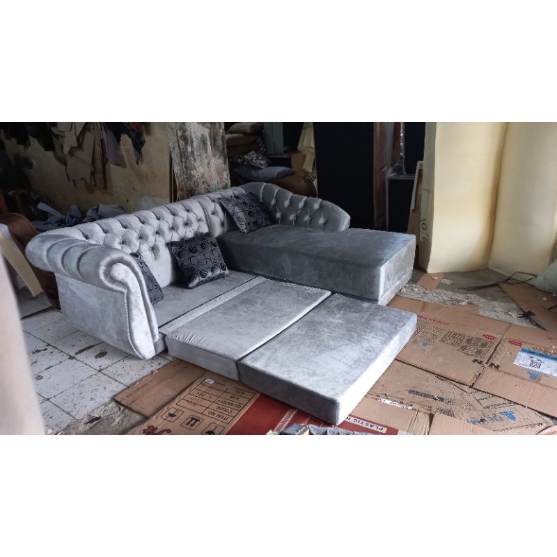 sofa l bed minimalis kain bludru