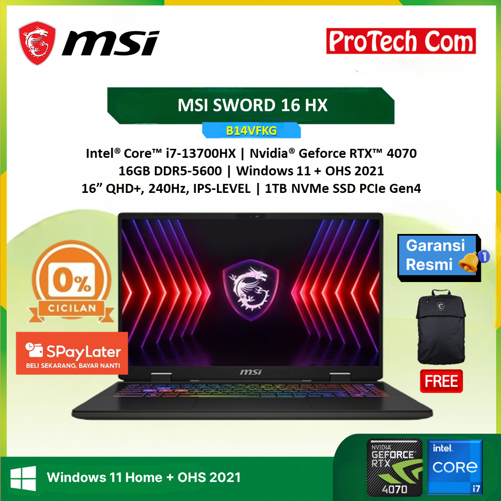 MSI SWORD 16 HX - RTX4070 I7 13700HX 16GB 1TB W11+OHS 16.0" QHD 240HZ 100DCIP3 24ZRGB
