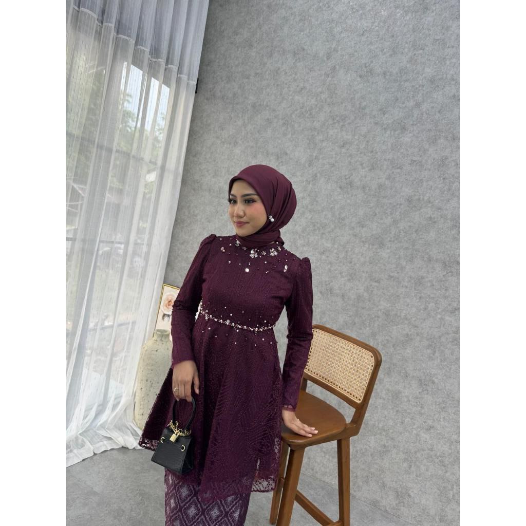 (Akita-SARAH TUNIK) Kebaya Wanita Lace berfuring Baju Formal Kondangan, Lamaran Wisuda Material Prem