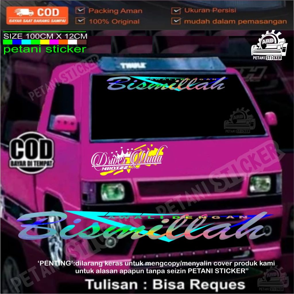 Stiker kaca depan bismillah sticker L300, Carry, Grand Max, pick up, dll hologram Stiker Kaca Atas, 