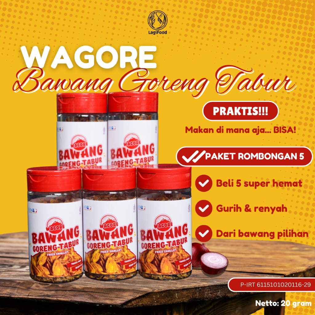 

Bawang Goreng WAGORE tanpa tepung terigu/beras travel pack. Anti anyep dan pahit. Paket Rombongan 5.