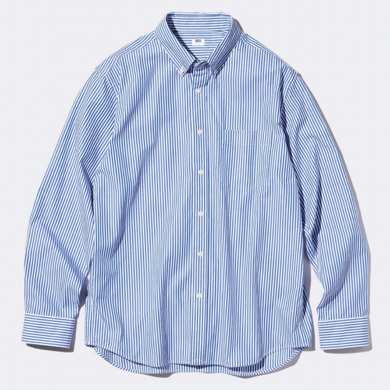 UNIQLO Men Striped Shirt Kemeja Broadcloth Garis Pria Lengan Panjang