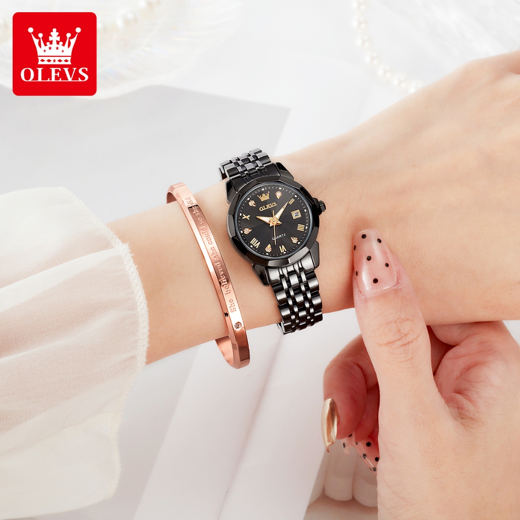 OLEVS Jam Tangan Wanita Anti Air Original Anti Karat Mewah Set Kalung Gelang Bercahaya Kalender
