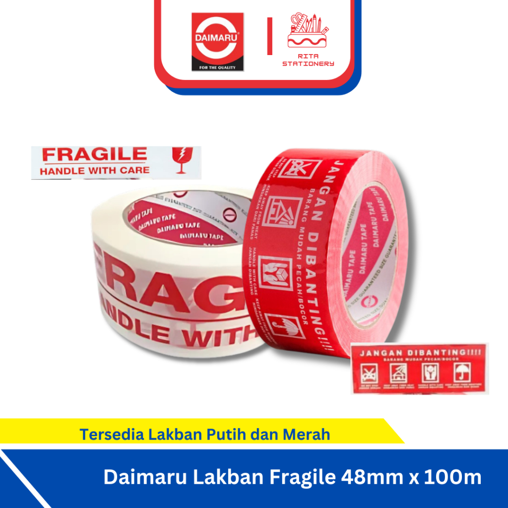 

Lakban Fragile Merah Putih Jangan Dibanting Merk Daimaru 48 Mm X 100 Meter Tebal - Satuan