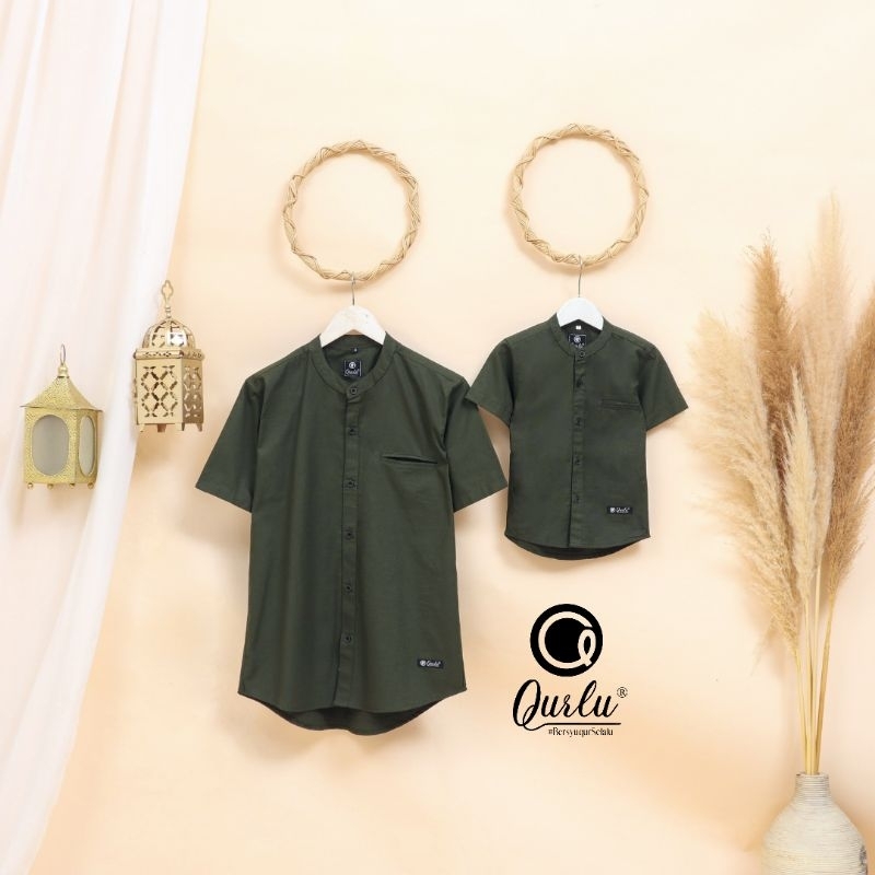 Qurlu - Kemeja Koko Dewasa/Anak warna HIJAU ARMY (baju couple ayah dan anak laki-laki) Baju Koko Pri