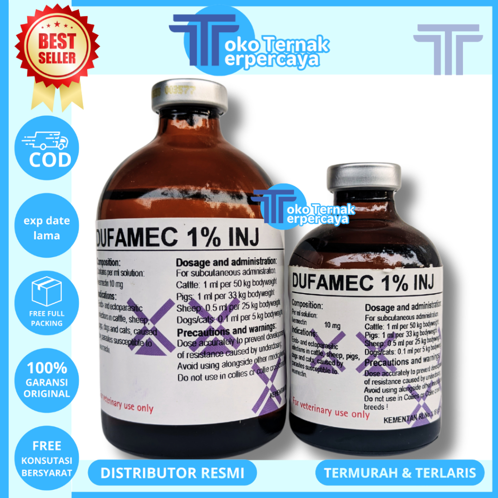 DUFAMEC 1% INJ 100 ML - Obat Cacing Kutu gudig Scabies Ampuh Sapi Kambing Babi Domba Like Intermecti