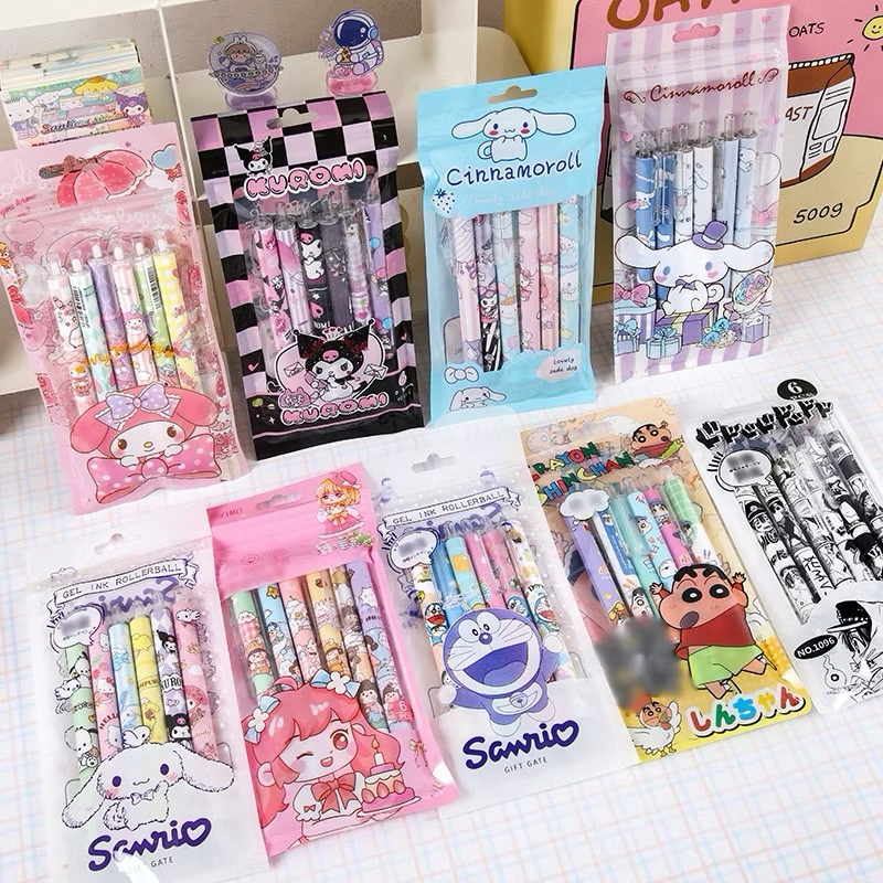 

6PCS/SET Pena Dorong Sanrio Pulpen Gel Mekanik Pena Gel Kartun Lucu Alat Tulis Anak School Supplies Alat Tulis Kreatif