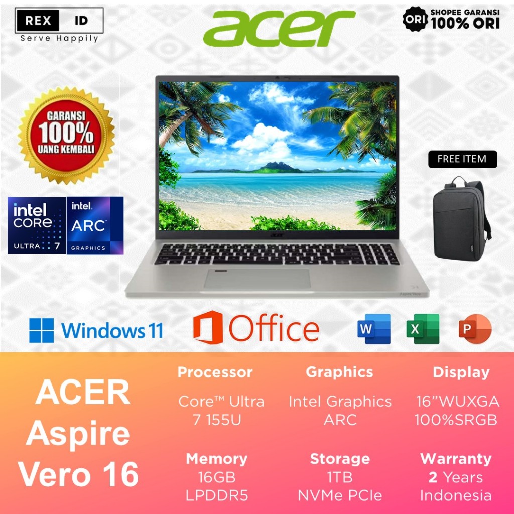 Acer Aspire Vero  AV16 Ultra 7-155U RAM 16GB 1TB SSD 16.0"WUXGA 100%SRGB Windows 11 + OHS 2021