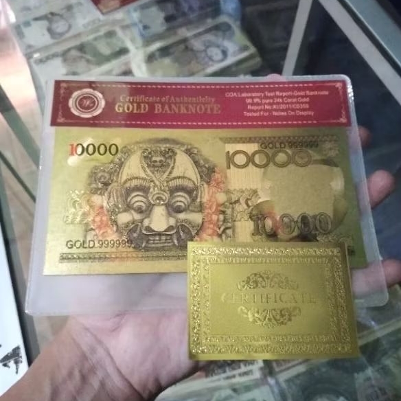 uang kuno 10000 barong gold foil + folder + sertificate