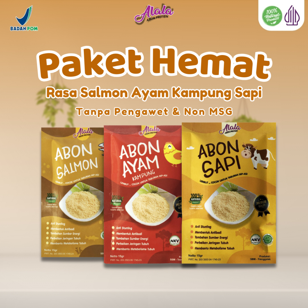 

Abon Bayi Mpasi Alala Booster Bb Bayi 8+ Non MSG - Bundling 3pcs Rasa Salmon Sapi Ayam Kampung