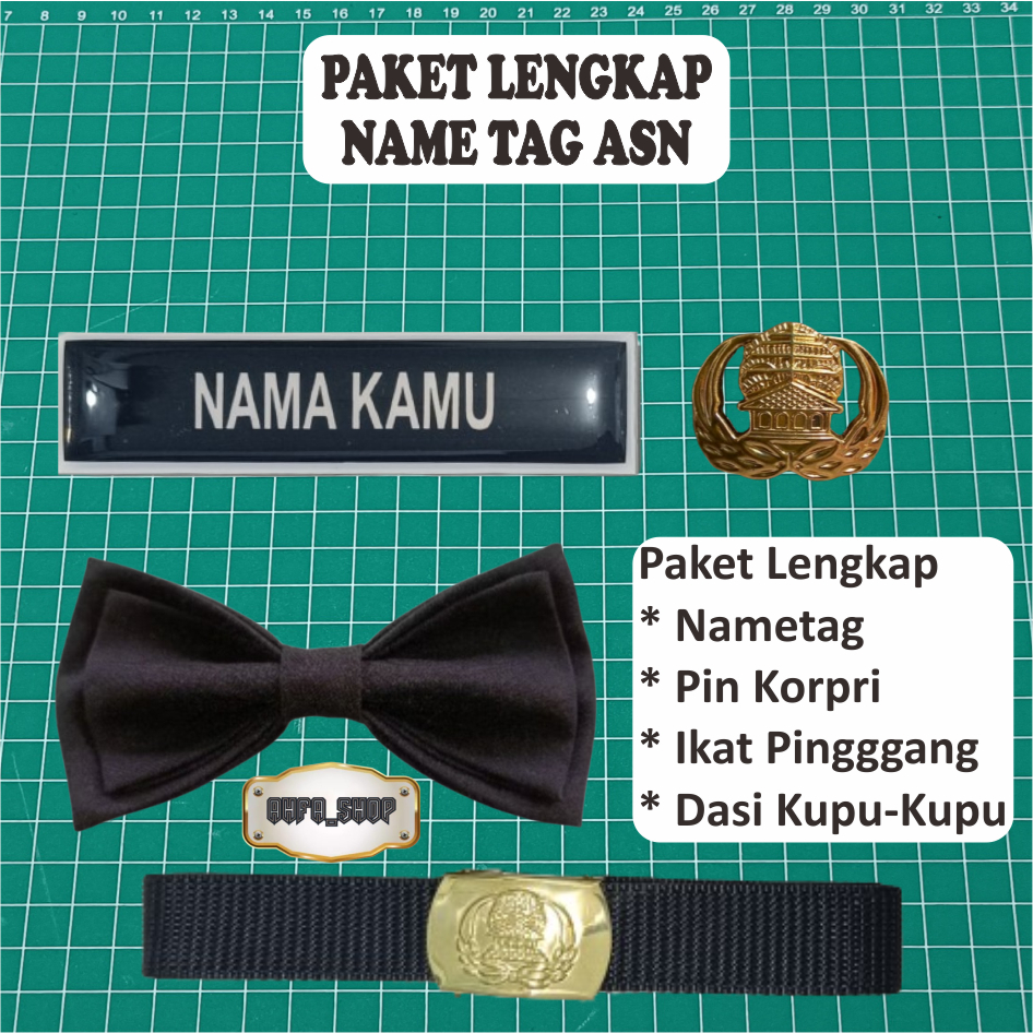 

Paket lengkap Name Tag ASN custom Lencana peniti magnet Sabuk Korpri (Ikat pinggang, Dasi Kupu-Kupu, Nametag & Pin Korpri)