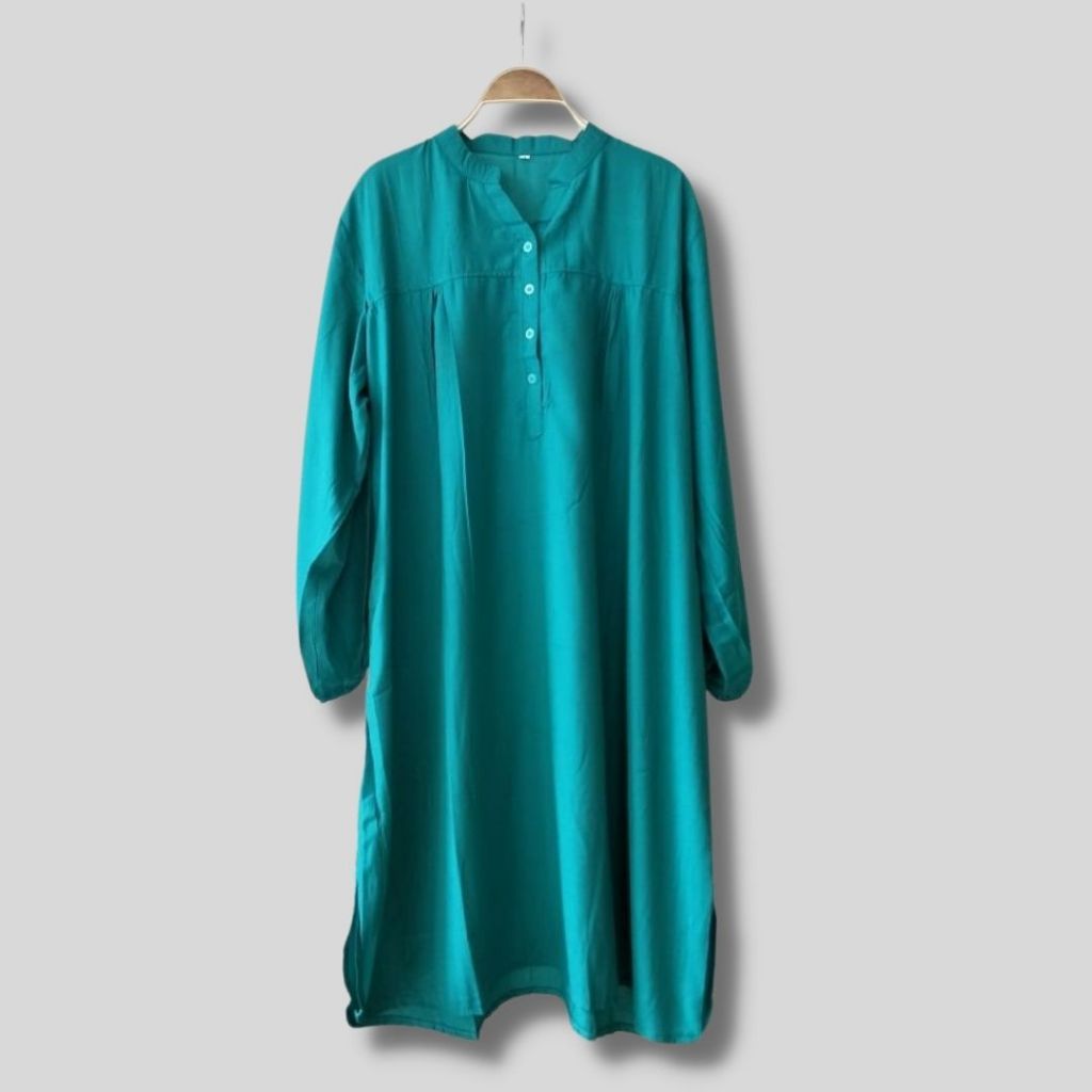 Tunik polos viscose jumbo Hijau tosca wardah kancing hidup lengan karet