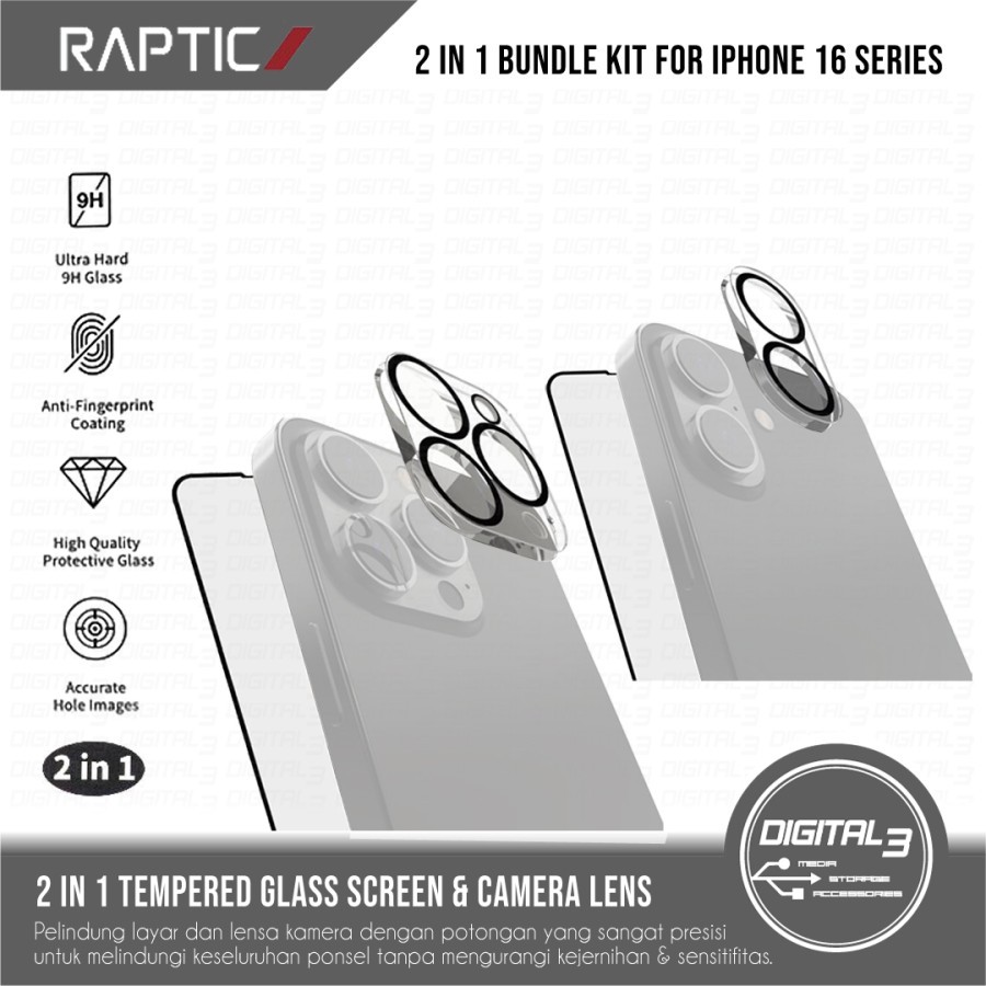 X-Doria Raptic 2 in 1 Bundle Kit Tempered Glass Screen + Camera Lens Protector iPhone 16 / 16 PRO / 