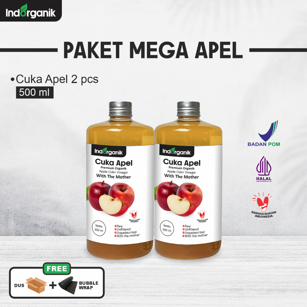 

INDORGANIK CUKA APEL ORGANIK 1 LITER - PREMIUM APPLE CIDER VINEGAR WITH THE MOTHER - PAKET 2 X 500ML