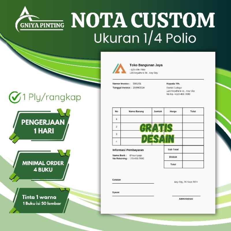 

cetak nota Custom 1ply ukuran 1/4 folio