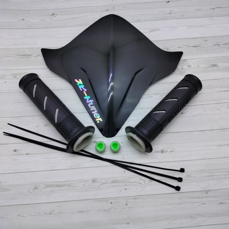 paket visor sepedah bmx+hangrip sisik silver+tutup pentil free tali ties dan stiker jepang hologram 