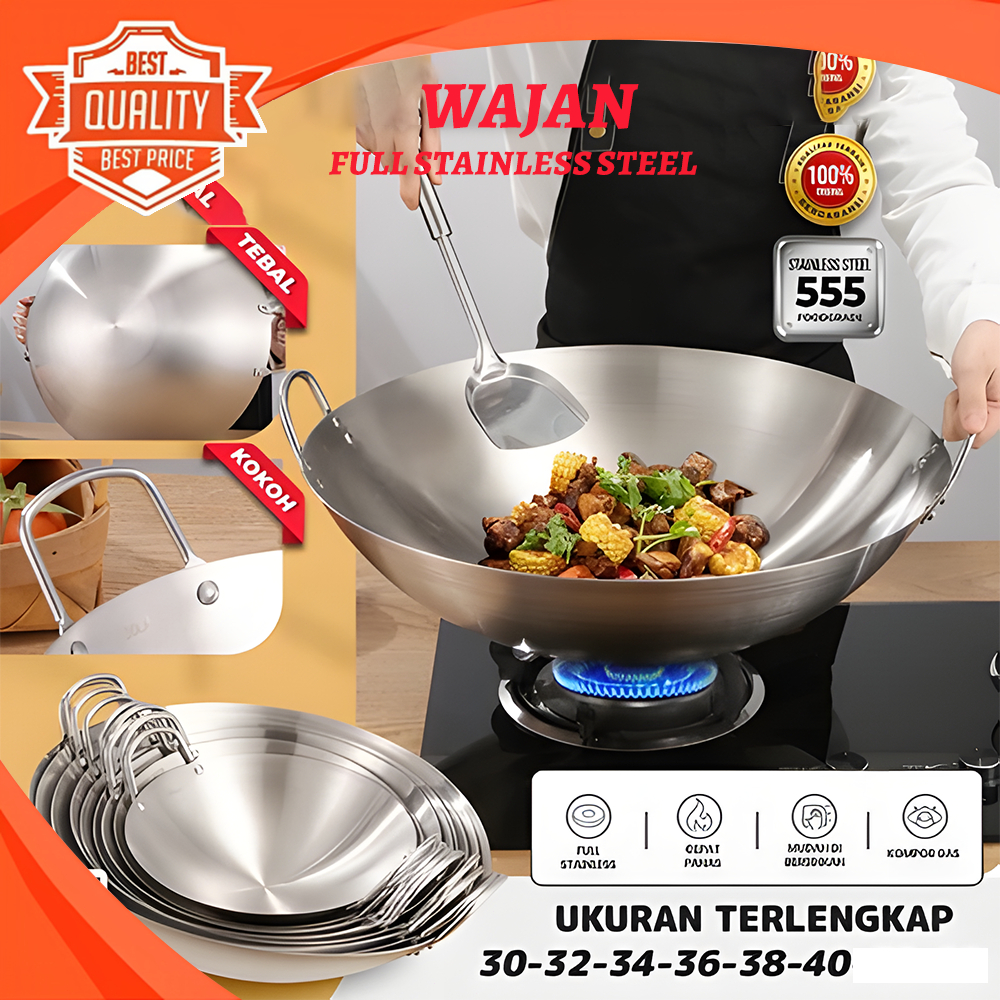 Wajan Stainless 555 Tebal Kuali Premium dengan Pegangan Stainless Steel Kuali Besar Katel Anti Lengk