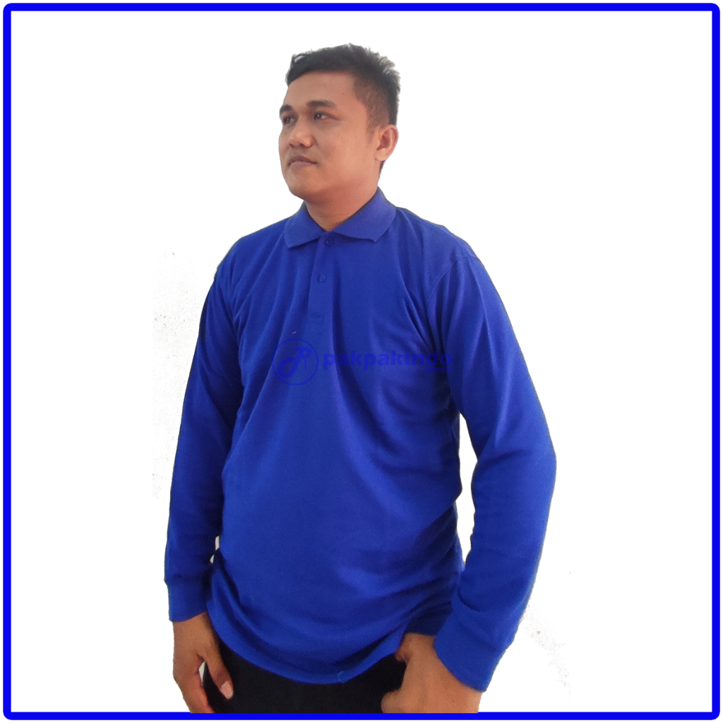 BAJU KAOS POLO KERAH POLOS BIRU BENHUR LENGAN PANJANG PRIA WANITA