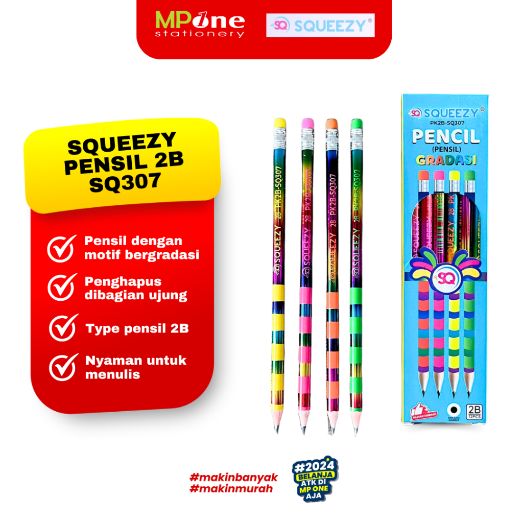 

(1 KOTAK) Squeezy Pensil 2B Motif Warna Gradasi SQ307 / Pensil + Penghapus Siap Pakai Warna Isi 12 Pcs Squeezy