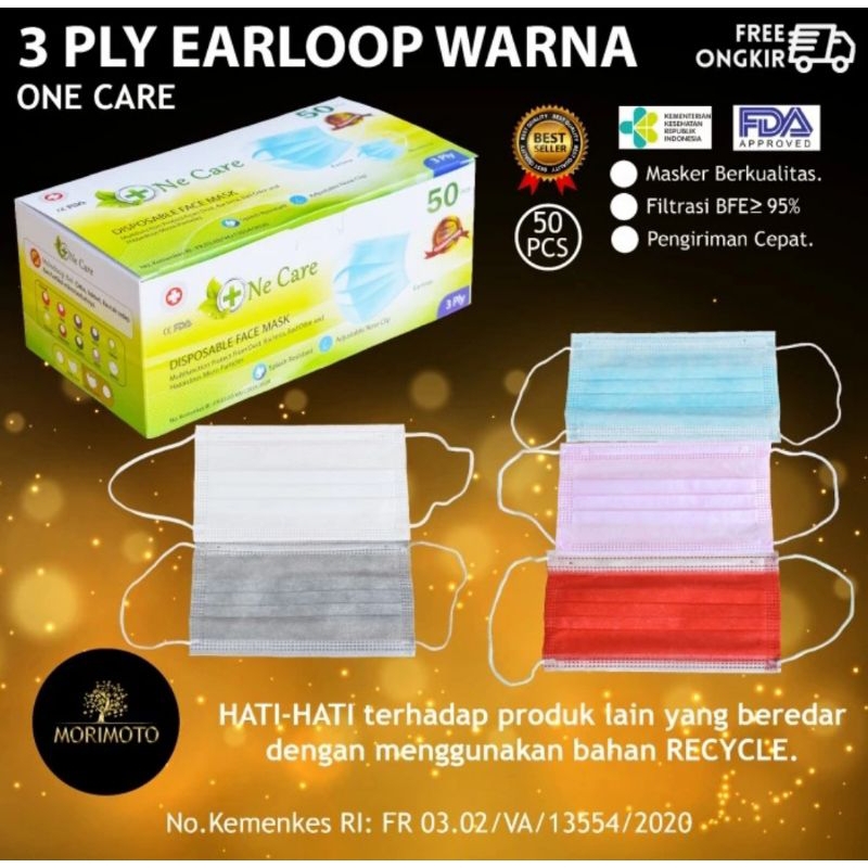 MASKER ONE CARE EARLOOP WARNA PUTIH 3 PLAY 1 BOX ISI 50 PCS BAHAN LEMBUT DAN  TEBEL
