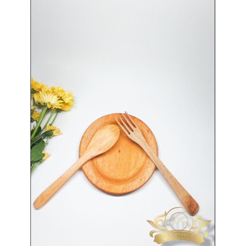 3PCS SET ALAT MAKAN PIRING SENDOK DAN GARPU  KAYU MAHONI ALAMI + FREE BUBBLE WARP